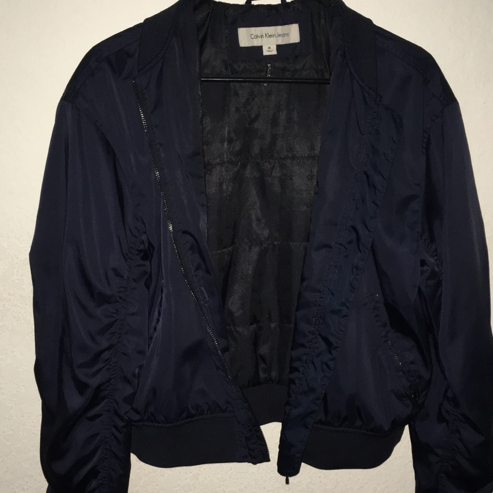 dark blue bomber jacket